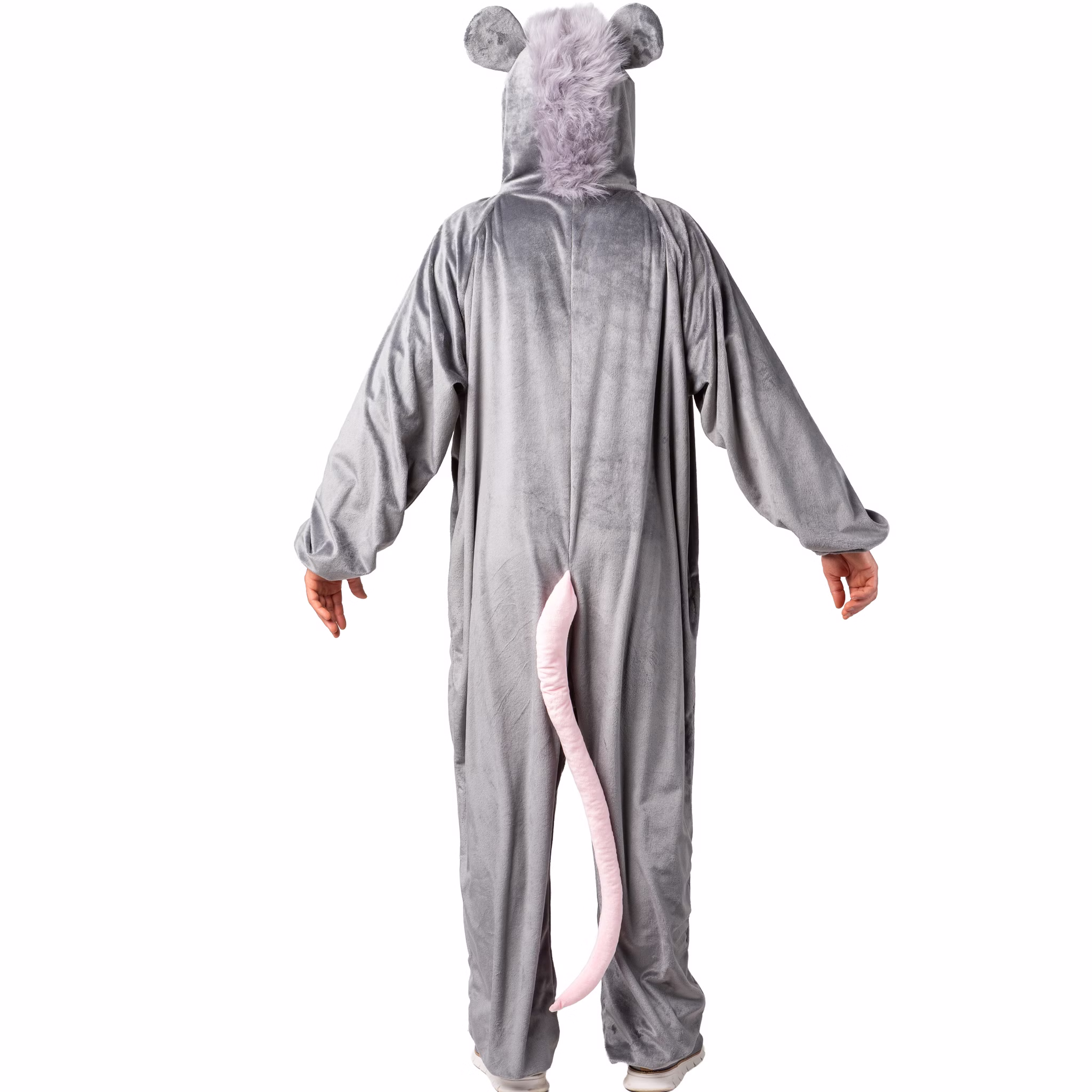 Rattenkostüm von hinten: grauer Overall mit elastischen Abschlüssen und langem rosa Rattenschwanz, der mittig am Rücken herunterhängt.