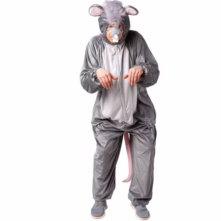Ratten Kostüm Maus Cheesy Grau für Erwachsene 1.60-1.90 cm Tierkostüm Tier Paar- und Gruppenkostüm Fasching Karneval Mottoparty Erwachsener im kompletten Rattenkostüm in grauen Tönen, separate Nase und Vorderreißverschluss sichtbar, steht in typischer ‚Maushaltung‘.