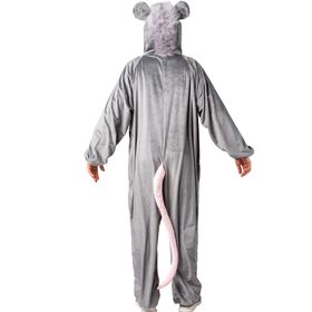 Erwachsener im kompletten Rattenkostüm in grauen Tönen, separate Nase und Vorderreißverschluss sichtbar, steht in typischer ‚Maushaltung‘.