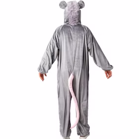 Ratten Kostüm Maus Cheesy Grau für Erwachsene 1.60-1.90 cm Tierkostüm Tier Paar- und Gruppenkostüm Fasching Karneval Mottoparty Rattenkostüm von hinten: grauer Overall mit elastischen Abschlüssen und langem rosa Rattenschwanz, der mittig am Rücken herunterhängt.
