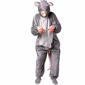 Ratten Kostüm Maus Cheesy Grau für Erwachsene 1.60-1.90 cm Tierkostüm Tier Paar- und Gruppenkostüm Fasching Karneval Mottoparty Erwachsener im kompletten Rattenkostüm in grauen Tönen, separate Nase und Vorderreißverschluss sichtbar, steht in typischer ‚Maushaltung‘.