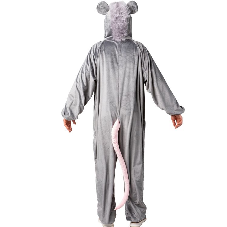 Ratten Kostüm Maus Cheesy Grau für Erwachsene Erwachsener im kompletten Rattenkostüm in grauen Tönen, separate Nase und Vorderreißverschluss sichtbar, steht in typischer ‚Maushaltung‘.