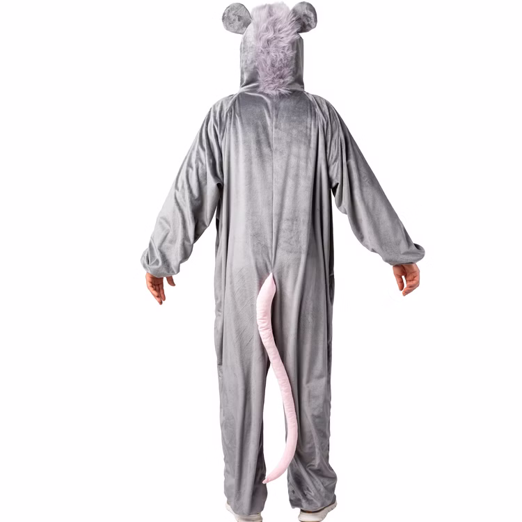 Ratten Kostüm Maus Cheesy Grau für Erwachsene 1.60-1.90 cm Tierkostüm Tier Paar- und Gruppenkostüm Fasching Karneval Mottoparty Rattenkostüm von hinten: grauer Overall mit elastischen Abschlüssen und langem rosa Rattenschwanz, der mittig am Rücken herunterhängt.