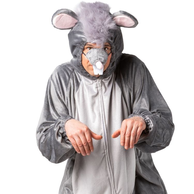 Ratten Kostüm Maus Cheesy Grau für Erwachsene Erwachsener im kompletten Rattenkostüm in grauen Tönen, separate Nase und Vorderreißverschluss sichtbar, steht in typischer ‚Maushaltung‘.