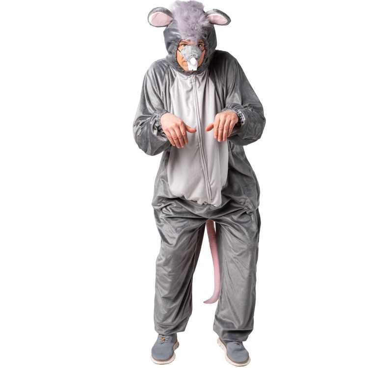 Ratten Kostüm Maus Cheesy Grau für Erwachsene Erwachsener im kompletten Rattenkostüm in grauen Tönen, separate Nase und Vorderreißverschluss sichtbar, steht in typischer ‚Maushaltung‘.
