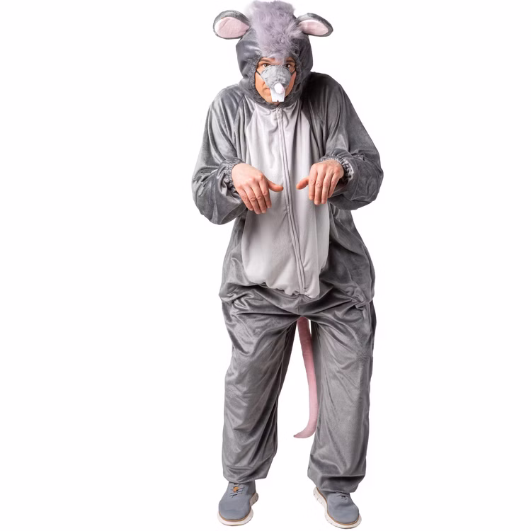 Ratten Kostüm Maus Cheesy Grau für Erwachsene 1.60-1.90 cm Tierkostüm Tier Paar- und Gruppenkostüm Fasching Karneval Mottoparty Erwachsener im kompletten Rattenkostüm in grauen Tönen, separate Nase und Vorderreißverschluss sichtbar, steht in typischer ‚Maushaltung‘.