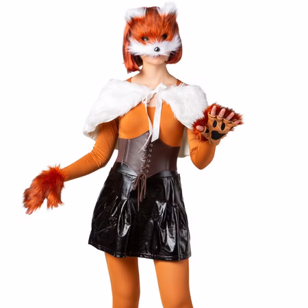 Fuchs Kostüm Tier-Set Maske Handschuhe & Schwanz für Erwachsene Kostüm-Zubehör Tier Waldtier Fuchs-Zubehör Tierkostüm Fasching Karneval Mottoparty Paar- und Gruppenkostüme Frau im kompletten Fuchs-Kostüm-Set – Maske, Handschuhe und Schwanz –, kombiniert mit einem weißen Cape, orangefarbenem Body und schwarzem Rock, frontal stehend.