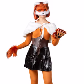 Fuchs Kostüm Tier-Set Maske Handschuhe & Schwanz für Erwachsene Kostüm-Zubehör Tier Waldtier Fuchs-Zubehör Tierkostüm Fasching Karneval Mottoparty Paar- und Gruppenkostüme Frau im kompletten Fuchs-Kostüm-Set – Maske, Handschuhe und Schwanz –, kombiniert mit einem weißen Cape, orangefarbenem Body und schwarzem Rock, frontal stehend.