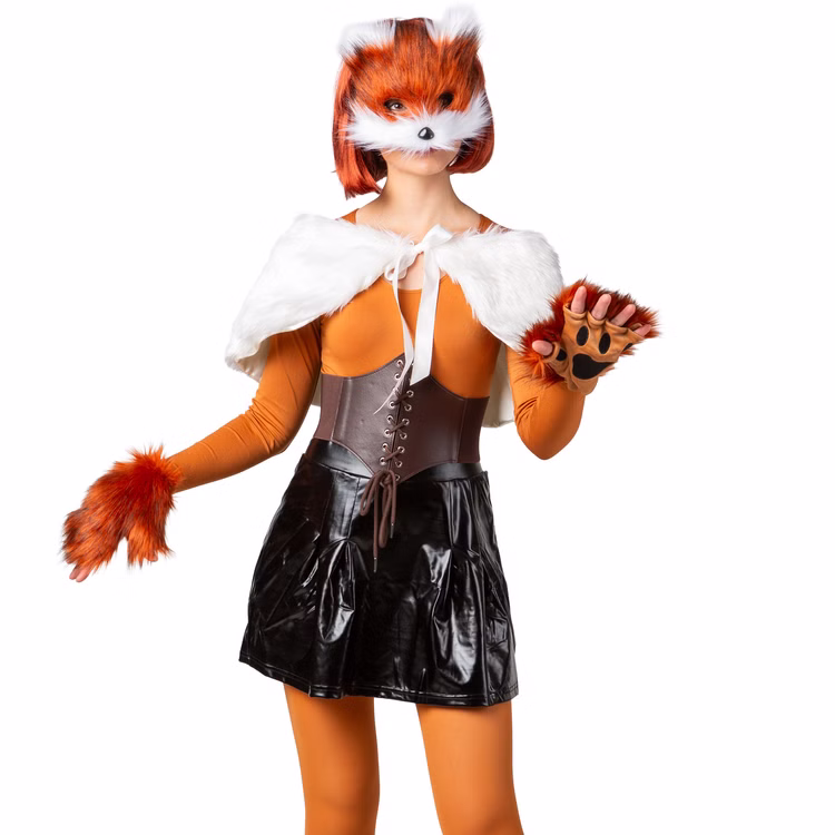 Fuchs Kostüm Tier-Set Maske Handschuhe & Schwanz für Erwachsene Kostüm-Zubehör Tier Waldtier Fuchs-Zubehör Tierkostüm Fasching Karneval Mottoparty Paar- und Gruppenkostüme Frau im kompletten Fuchs-Kostüm-Set – Maske, Handschuhe und Schwanz –, kombiniert mit einem weißen Cape, orangefarbenem Body und schwarzem Rock, frontal stehend.