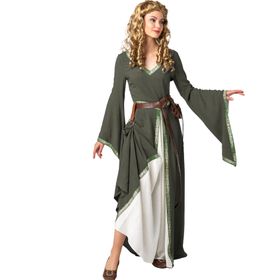 Vorderansicht des grünen Mittelalterkleids Hedwig mit weißem Stoffeinsatz und dekorativer Zierborte entlang des Ausschnitts und Rockteils.