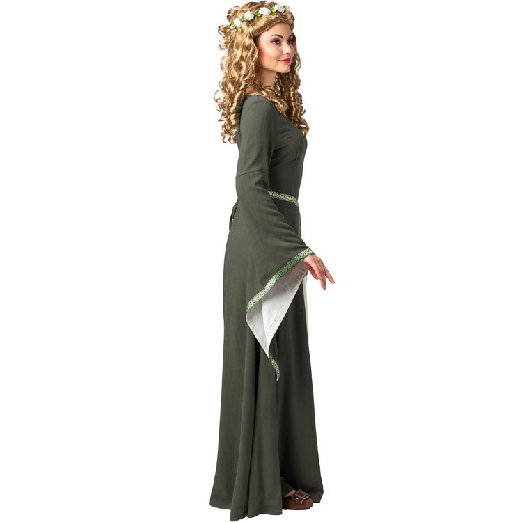 Vorderansicht des grünen Mittelalterkleids Hedwig mit weißem Stoffeinsatz und dekorativer Zierborte entlang des Ausschnitts und Rockteils.