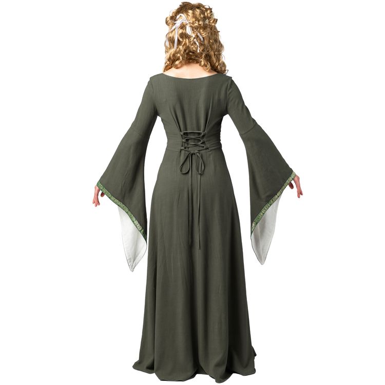 Vorderansicht des grünen Mittelalterkleids Hedwig mit weißem Stoffeinsatz und dekorativer Zierborte entlang des Ausschnitts und Rockteils.
