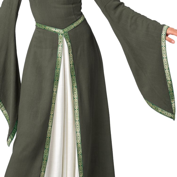 Vorderansicht des grünen Mittelalterkleids Hedwig mit weißem Stoffeinsatz und dekorativer Zierborte entlang des Ausschnitts und Rockteils.