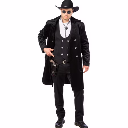 Western Jacke Schwarz Steampunk Gehrock de Luxe mit Futterstoff für Herren Gr. 48-58 Cowboy 20er Jahre Charleston Barock Fasching Karneval Mottoparty Herrenmodell im kompletten Western-Outfit mit Gehrock, Weste, Cowboyhut und Revolvergürtel, kombiniert im Western-Look.