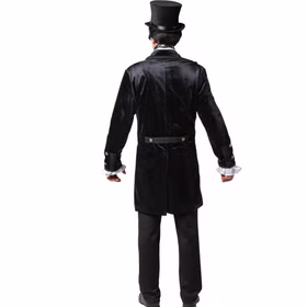 Western Jacke Schwarz Steampunk Gehrock de Luxe mit Futterstoff für Herren Gr. 48-58 Cowboy 20er Jahre Charleston Barock Fasching Karneval Mottoparty Herrenmodell von hinten in langem schwarzem Gehrock und Zylinder, der den kompletten Rücken und die Länge des Mantels zeigt.
