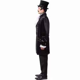 Western Jacke Schwarz Steampunk Gehrock de Luxe mit Futterstoff für Herren Gr. 48-58 Cowboy 20er Jahre Charleston Barock Fasching Karneval Mottoparty Herrenmodell im Profil, das den langen, schwarzen Samtgehrock mit dekorativen Ärmelabschlüssen präsentiert.