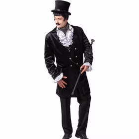 Western Jacke Schwarz Steampunk Gehrock de Luxe mit Futterstoff für Herren Gr. 48-58 Cowboy 20er Jahre Charleston Barock Fasching Karneval Mottoparty Herrenmodell in schwarzem Gehrock mit Zylinder und Gehstock, der die elegante Vorderseite des Kostüms zeigt.