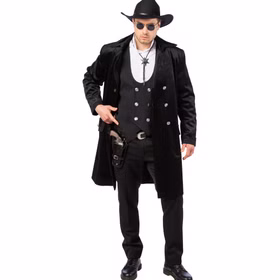 Western Jacke Schwarz Steampunk Gehrock de Luxe mit Futterstoff für Herren Gr. 48-58 Cowboy 20er Jahre Charleston Barock Fasching Karneval Mottoparty Herrenmodell im kompletten Western-Outfit mit Gehrock, Weste, Cowboyhut und Revolvergürtel, kombiniert im Western-Look.