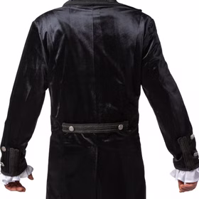Western Jacke Schwarz Steampunk Gehrock de Luxe mit Futterstoff für Herren Gr. 48-58 Cowboy 20er Jahre Charleston Barock Fasching Karneval Mottoparty Nahaufnahme des schwarzen Western-Gehrrocks von hinten, aus Samtstoff mit dekorativer Rückenpasse und Zierknöpfen.