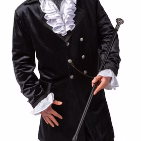 Western Jacke Schwarz Steampunk Gehrock de Luxe mit Futterstoff für Herren Gr. 48-58 Cowboy 20er Jahre Charleston Barock Fasching Karneval Mottoparty Vordere Detailaufnahme des schwarzen Steampunk-Gehrrocks mit doppelter Knopfreihe, Zierkante und weißen Rüschenärmeln.