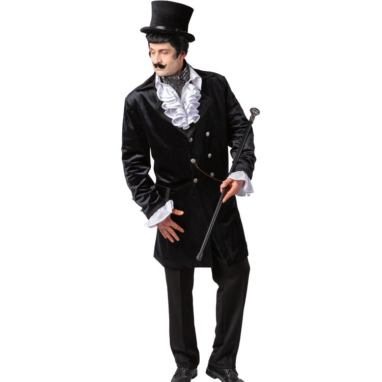 Herrenmodell im kompletten Western-Outfit mit Gehrock, Weste, Cowboyhut und Revolvergürtel, kombiniert im Western-Look.