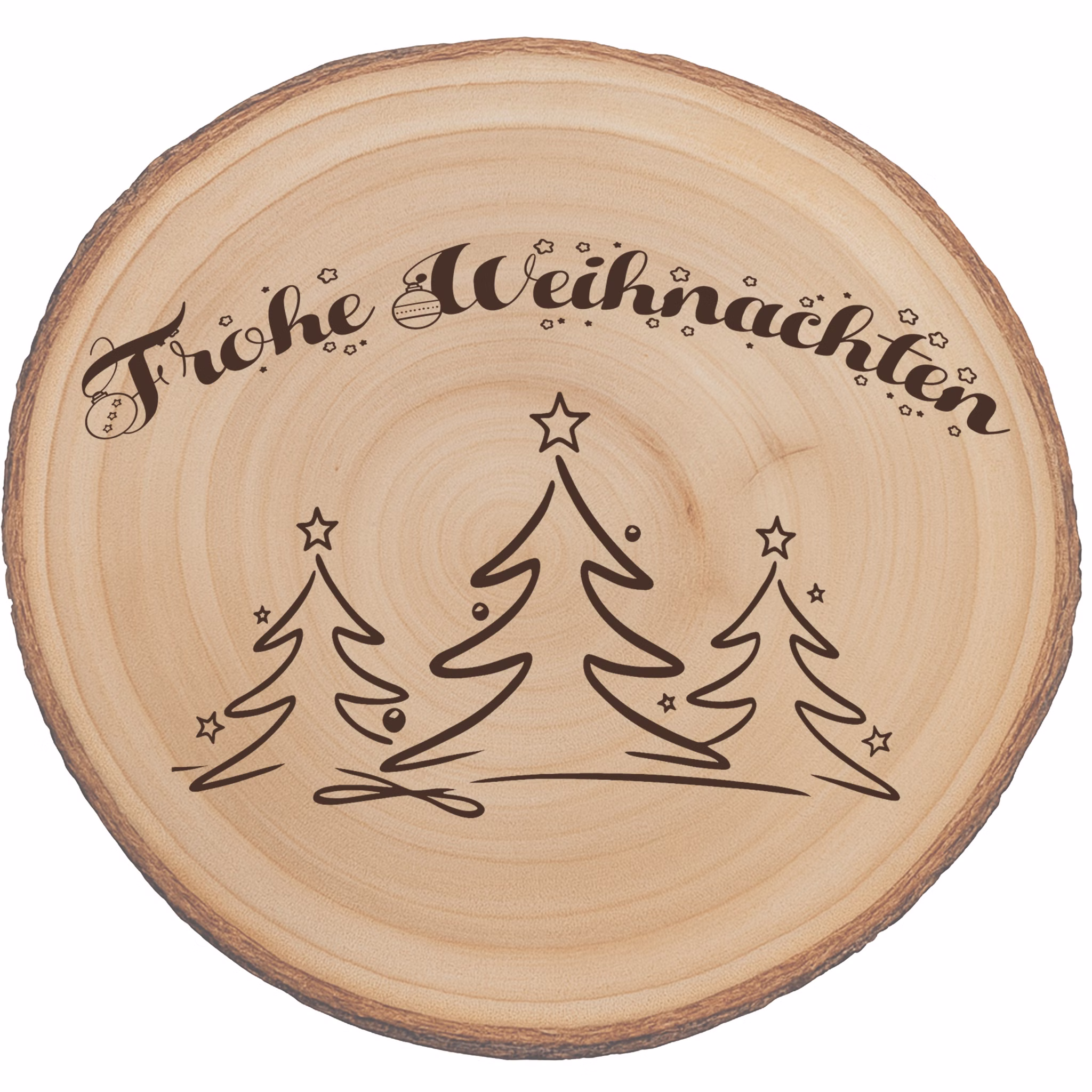 Baumscheibe 24 cm Frohe Weihnachten mit Tannenwald-Motiv Tisch-Deko Geschenk Dekoration Advent Weihnachtsstimmung festlich Adventszeit Basteln Geschenkidee Runde Baumscheibe aus Paulownia-Holz mit dem gravierten Schriftzug „Frohe Weihnachten“ und drei stilisierten Tannen, fotografiert als Draufsicht auf weißem Hintergrund.
