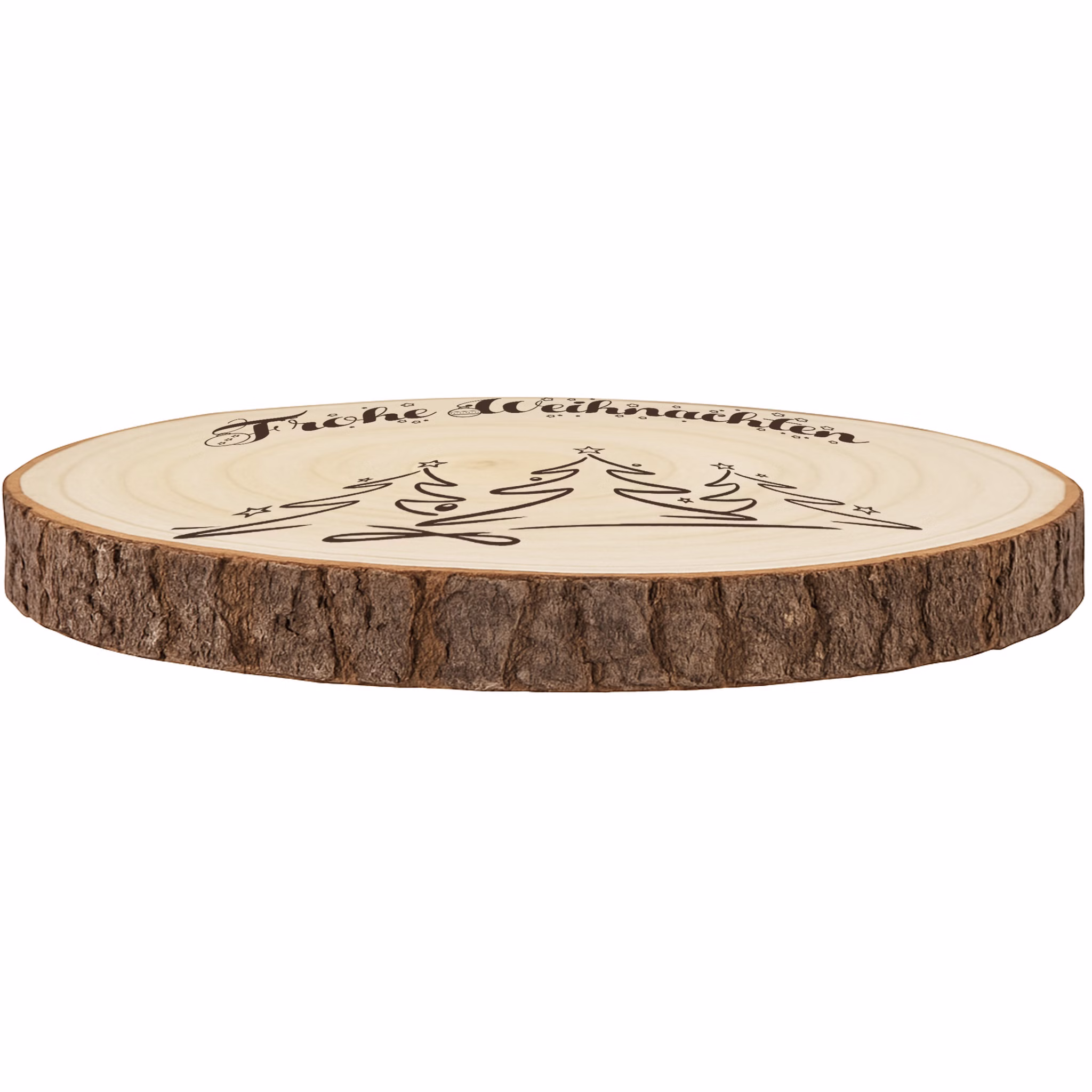 Baumscheibe 24 cm Frohe Weihnachten mit Tannenwald-Motiv Tisch-Deko Geschenk Dekoration Advent Weihnachtsstimmung festlich Adventszeit Basteln Geschenkidee Flach liegende Baumscheibe aus Paulownia-Holz mit „Frohe Weihnachten“ und Tannenwald-Gravur, in schräger Seitenansicht.
