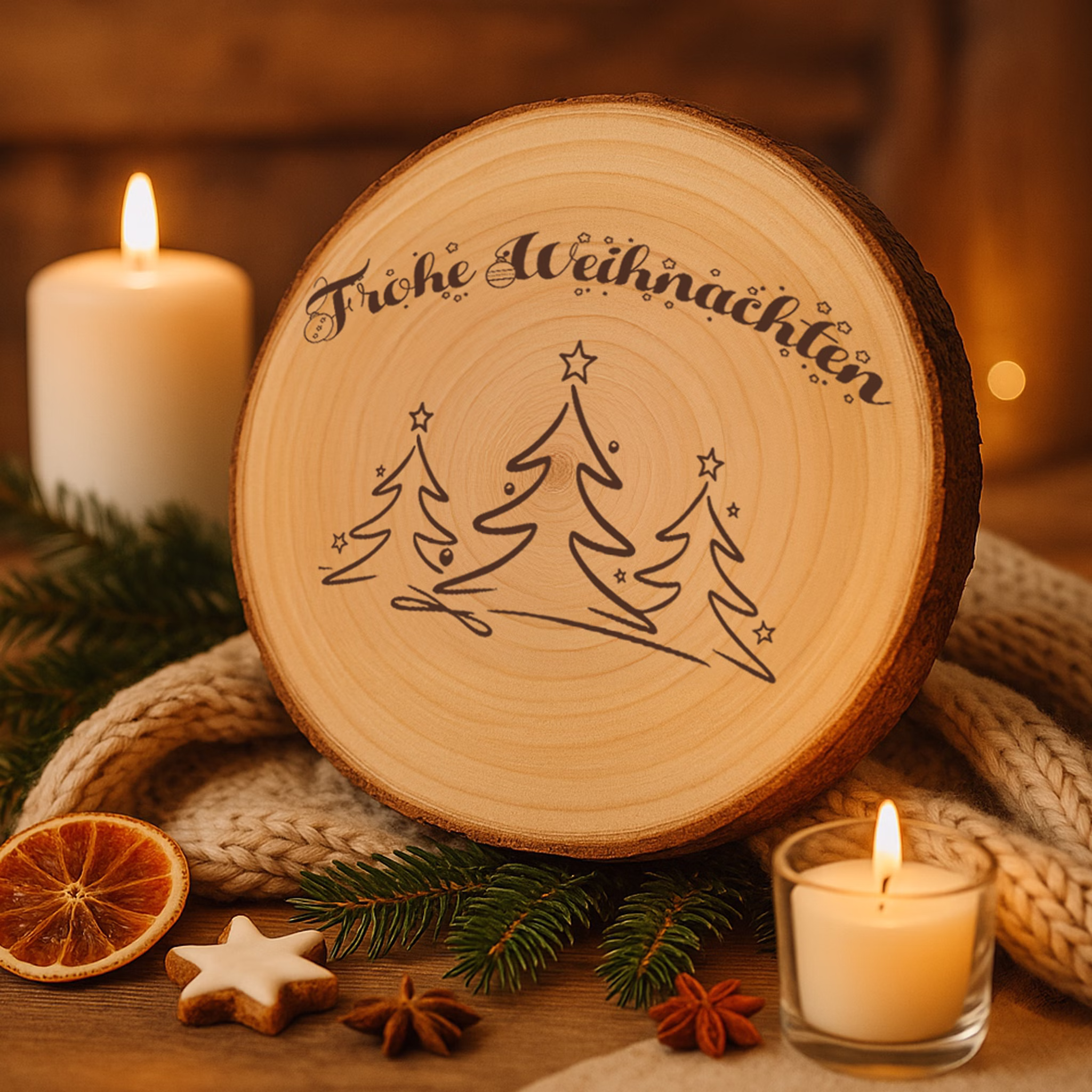 Baumscheibe 24 cm Frohe Weihnachten mit Tannenwald-Motiv Tisch-Deko Geschenk Dekoration Advent Weihnachtsstimmung festlich Adventszeit Basteln Geschenkidee Baumscheibe mit Gravur auf beigem Strickplaid, dekoriert mit Kerzen, Tannenzweigen, getrockneter Orange, Zimtstern und Sternanis in warmem Holz- und Kerzenlicht.