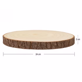 Baumscheibe 24 cm Frohe Weihnachten mit Tannenwald-Motiv Tisch-Deko Geschenk Dekoration Advent Weihnachtsstimmung festlich Adventszeit Basteln Geschenkidee Holzscheibe aus Paulownia-Holz mit Rinde und Maßangaben, Durchmesser 24 cm und Höhe 2 cm, freigestellt auf weißem Hintergrund.