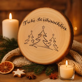 Baumscheibe 24 cm Frohe Weihnachten mit Tannenwald-Motiv Tisch-Deko Geschenk Dekoration Advent Weihnachtsstimmung festlich Adventszeit Basteln Geschenkidee Baumscheibe mit Gravur auf beigem Strickplaid, dekoriert mit Kerzen, Tannenzweigen, getrockneter Orange, Zimtstern und Sternanis in warmem Holz- und Kerzenlicht.