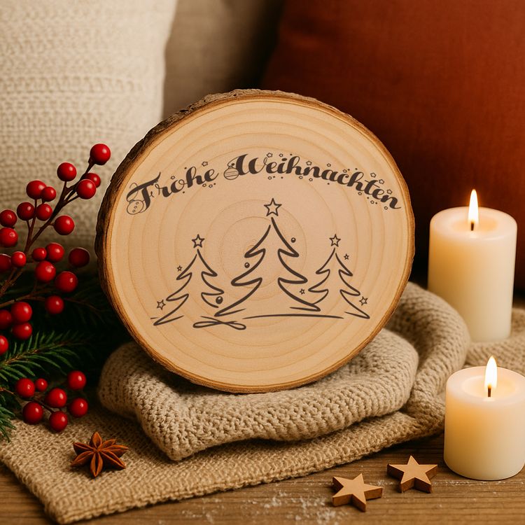 Große Baumscheibe mit Gravur, eingebettet in ein festliches Arrangement aus Tannenzweigen, goldenen Kugeln, Teelichtern und Kunstschnee, im Hintergrund warm leuchtende Bokeh-Lichter.