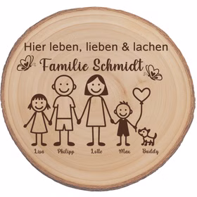 Runde Holzscheibe mit Rinde und Lasergravur einer Familie mit Vornamen, personalisiert mit dem Titel ‚Familie Schmidt‘