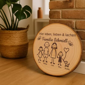 Holz-Baumscheibe mit Familiengravur dekorativ an eine gemauerte Wohnzimmerwand gelehnt, daneben Pflanzenkorb und Hausdekoration.