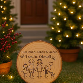 Holzscheibe mit Familiengravur steht im Vorgarten zwischen dekorierten, beleuchteten Tannenbäumen und weihnachtlicher Outdoor-Deko.