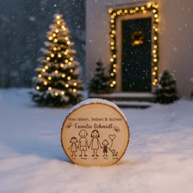 Familien-Baumscheibe im verschneiten Garten vor einem festlich beleuchteten Hauseingang, mit Weihnachtsbaum im Hintergrund.