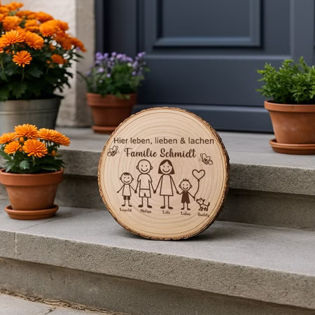 Baumscheibe 30 cm Familie Willkommensschild personalisiert mit zwei Jungen & Hund Zuhause Deko & Geschenk Eingangsbereich Geschenk für Familie und Freunde Einzug Herzlich Willkommen Holzscheibe personalisiert Die gravierte Baumscheibe steht auf einer Steintreppe, umgeben von Blumentöpfen, und dient als einladendes Willkommensschild vor der Haustür.