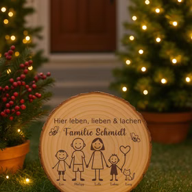 Baumscheibe 30 cm Familie Willkommensschild personalisiert mit zwei Jungen & Katze Zuhause Deko & Geschenk Eingangsbereich Geschenk für Familie und Freunde Einzug Herzlich Willkommen Holzscheibe personalisiert Gravierte Baumscheibe steht in einem stimmungsvoll beleuchteten Garten mit Pflanzen, roten Beeren und warmen Lichtakzenten im Hintergrund.