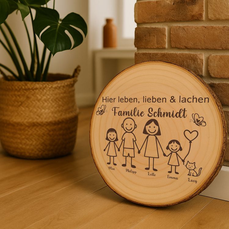 Personalisierte Holzscheibe mit Familienmotiv lehnt an einer Backsteinwand neben einer grünen Zimmerpflanze in einem natürlichen Wohnraumambiente.