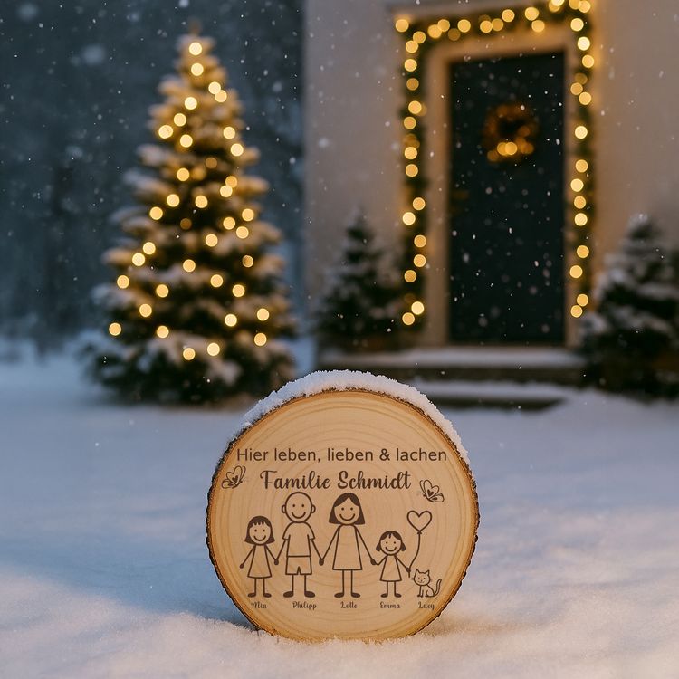 Personalisierte Holzscheibe mit Familienmotiv lehnt an einer Backsteinwand neben einer grünen Zimmerpflanze in einem natürlichen Wohnraumambiente.