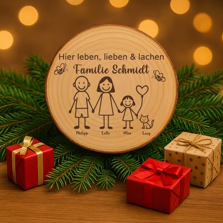 Baumscheibe 30 cm Familie Willkommensschild personalisiert mit 1 Mädchen & Katze