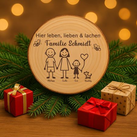 Baumscheibe 30 cm Familie Willkommensschild personalisiert mit 1 Jungen & Hund 
