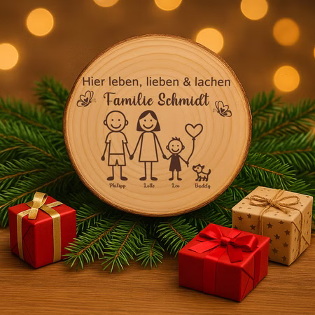 Baumscheibe 30 cm Familie Willkommensschild personalisiert mit 1 Jungen & Hund