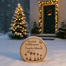 Personalisierte Baumscheibe mit Rinde und Gravur „Herzlich Willkommen bei Familie Schmidt“, dekoriert mit Schmetterlingen und Blumenmotiv, platziert in einem farbenfrohen Sommer-Blumenbeet am Hauseingang.