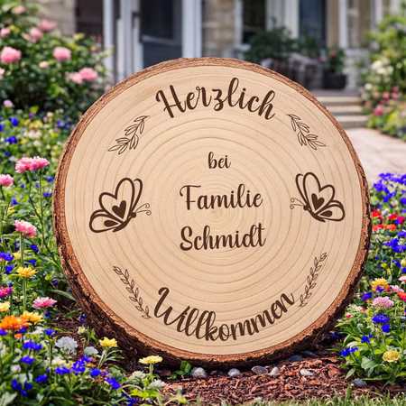 Baumscheibe 30 cm Willkommen personalisiert Motiv mit Schmetterlingen Zuhause Deko & Geschenk Eingangsbereich Geschenk für Familie und Freunde Einzug Herzlich Willkommen Holzscheibe personalisiert Personalisierte Baumscheibe als Willkommensschild im sommerlichen Blumenbeet vor einem Hauseingang, mit Gravur und Schmetterlingsmotiv.