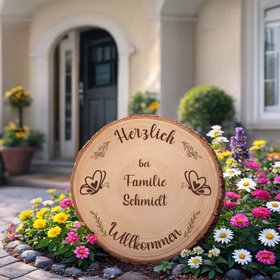 Personalisierte Baumscheibe mit Rinde und Gravur „Herzlich Willkommen bei Familie Schmidt“, dekoriert mit Schmetterlingen und dezenten Ranken, platziert in einem farbenfrohen Sommer-Blumenbeet am Hauseingang.