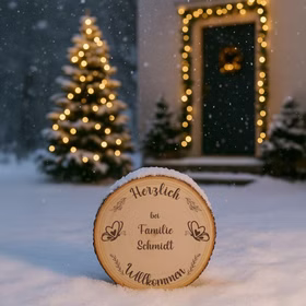 Personalisierte Baumscheibe im Schnee vor einem Haus mit beleuchteter Eingangstür und Weihnachtsbaum im Hintergrund