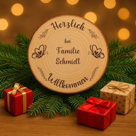 Personalisierte Baumscheibe als Willkommensschild im sommerlichen Blumenbeet vor einem Hauseingang, mit Gravur und Schmetterlingsmotiv.