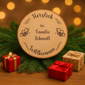 Gravierte Baumscheibe als Weihnachtsdekoration auf Tannenzweigen neben Geschenkboxen und Lichterhintergrund