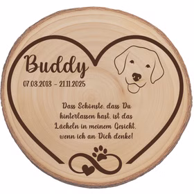 Personalisierte Baumscheibe 30 cm Gedenktafel an deinen Hund mit Gravur Andenken Holzscheibe mit Gravur Erinnerung bester Freund des Menschen Grabscheibe Trauerdekoration Deko Personalisierte Baumscheibe mit Herz, Hundemotiv und Gravur „Buddy 07.03.2013 – 21.11.2025“ und Trauerspruch.