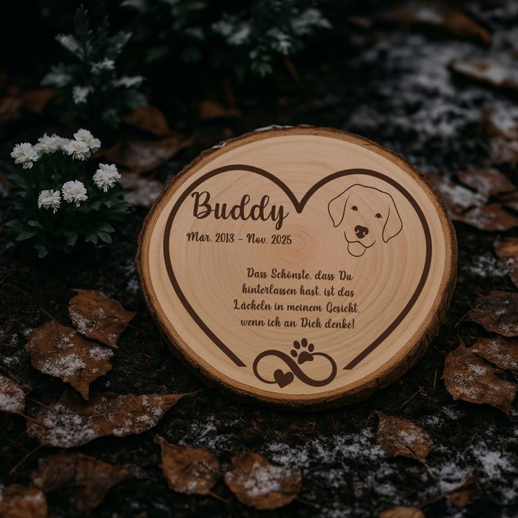 Personalisierte Baumscheibe mit Hundemotiv als Gedenkstelle zwischen roten Rosen im Garten.